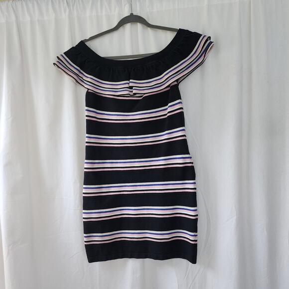 MSGM Milano Striped Knit Mini Off Shoulder Dress M Black White Pink Ruffle Party - Picture 3 of 11